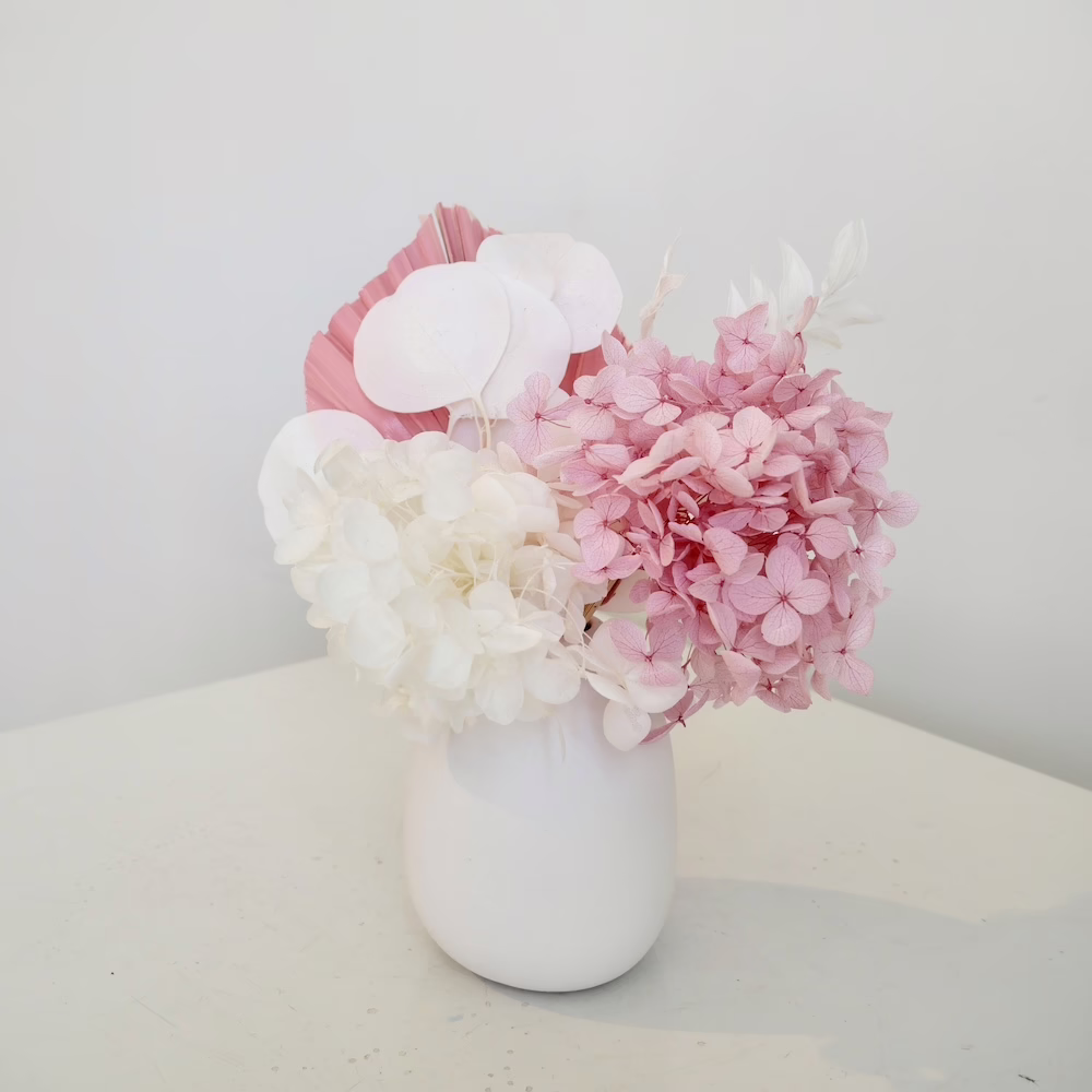 White and Pink Hydrangea Mini in White