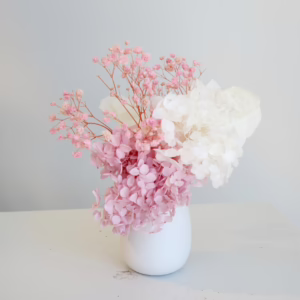 White and Pink Hydrangea with gyp Mini in White
