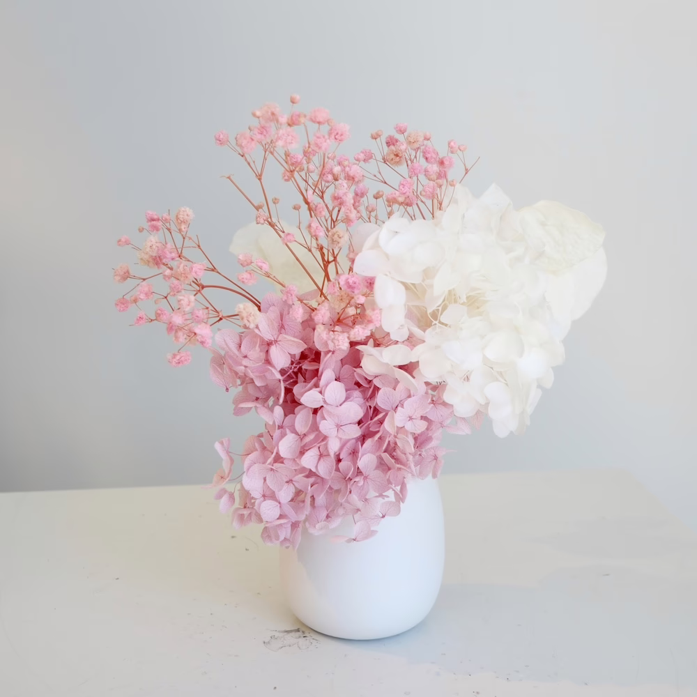 White and Pink Hydrangea with gyp Mini in White
