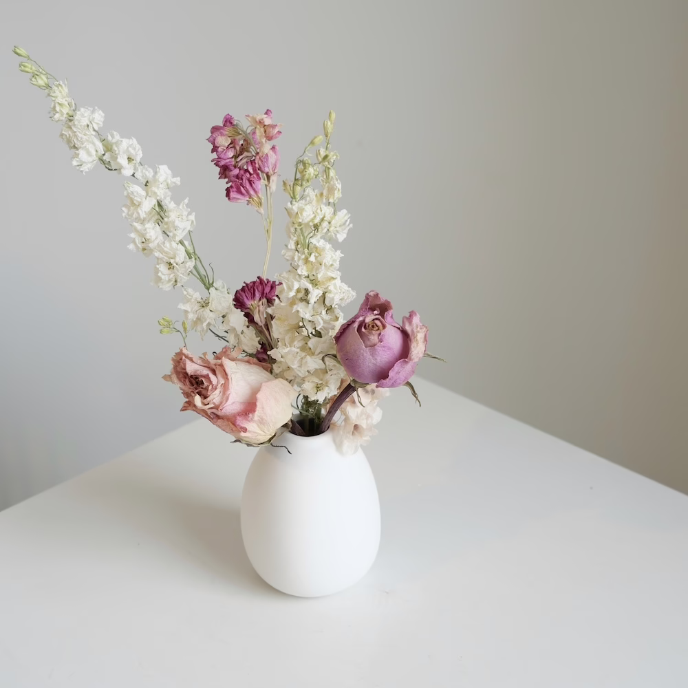 Larkspur and Roses in White