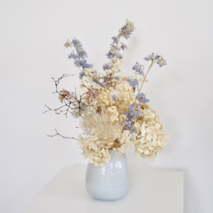 Hydrangeas and Delph in Glass Vase